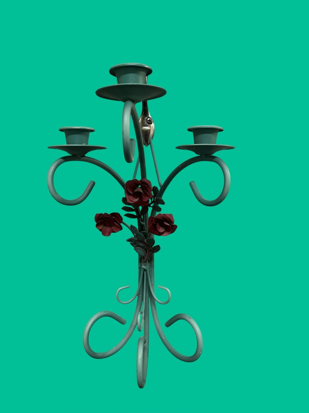 Vintage Green Metal Wall Candelabra Sconce Red Roses Candle Holder